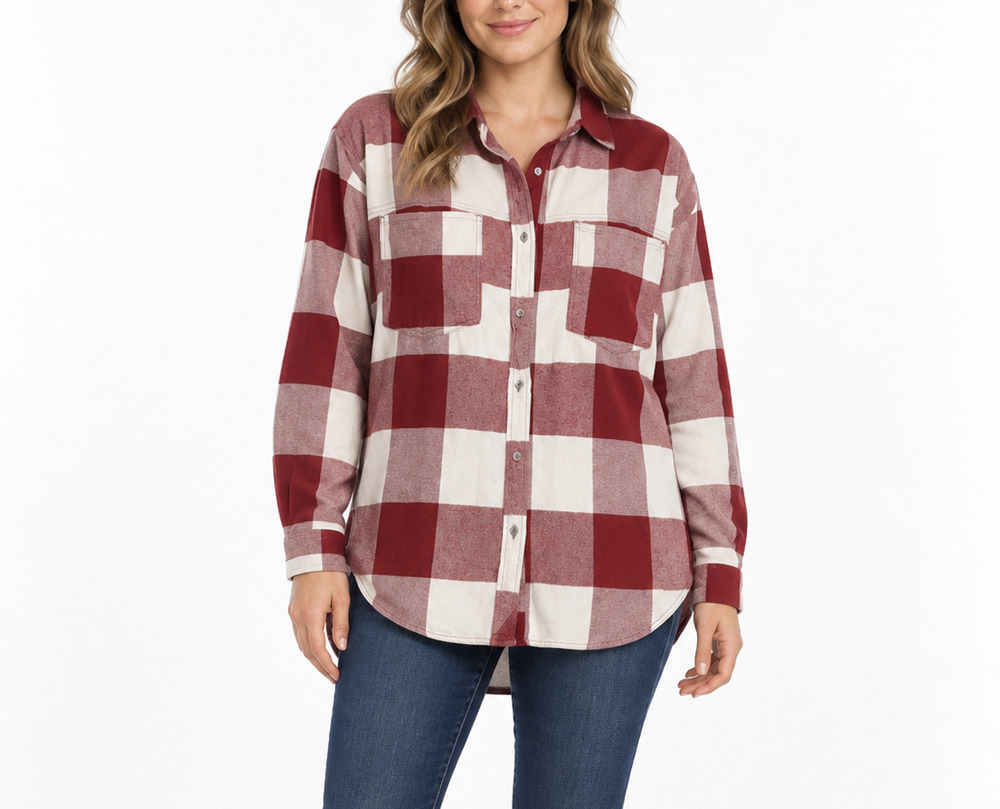 Aerie LumberJane Flannel Shirt Women L Red Cream Buffalo Plaid Oversized